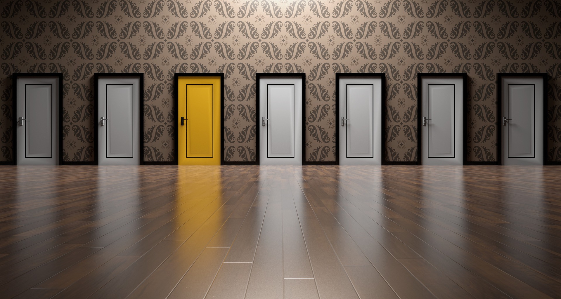 Image of a large hall having seven identical shut doors evenly spaced out on the wall at the far side of the hall. Six of the doors are painted white with black frames while one is painted yellow with black frames
