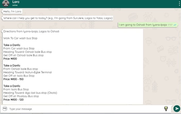 Startup Profile: Lara -- get step-by-step public transportation directions to any destination 1 Lara chat screenshot