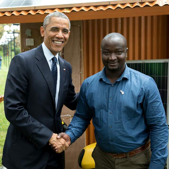 Meet the Kenyan student who built Africa's first solar-powered motorcycles 1 Pfoofy's co-founder Charles with US President Obama during the GES 2015 held in Nairobi