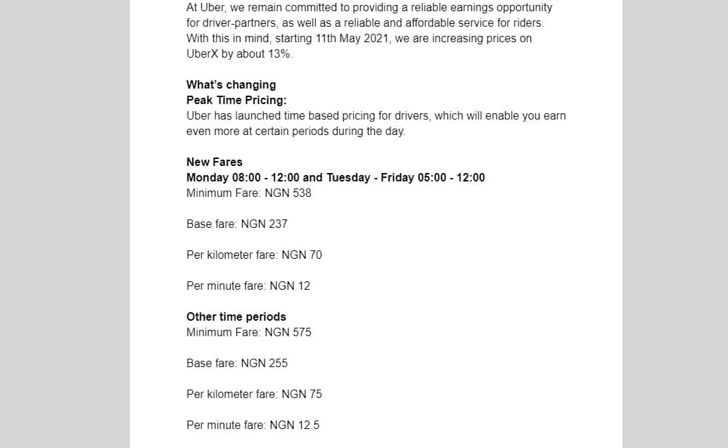 Uber riders will now pay more for rides as the ride-hailing company increases fares by 13% 1 Screenshot UberMail2