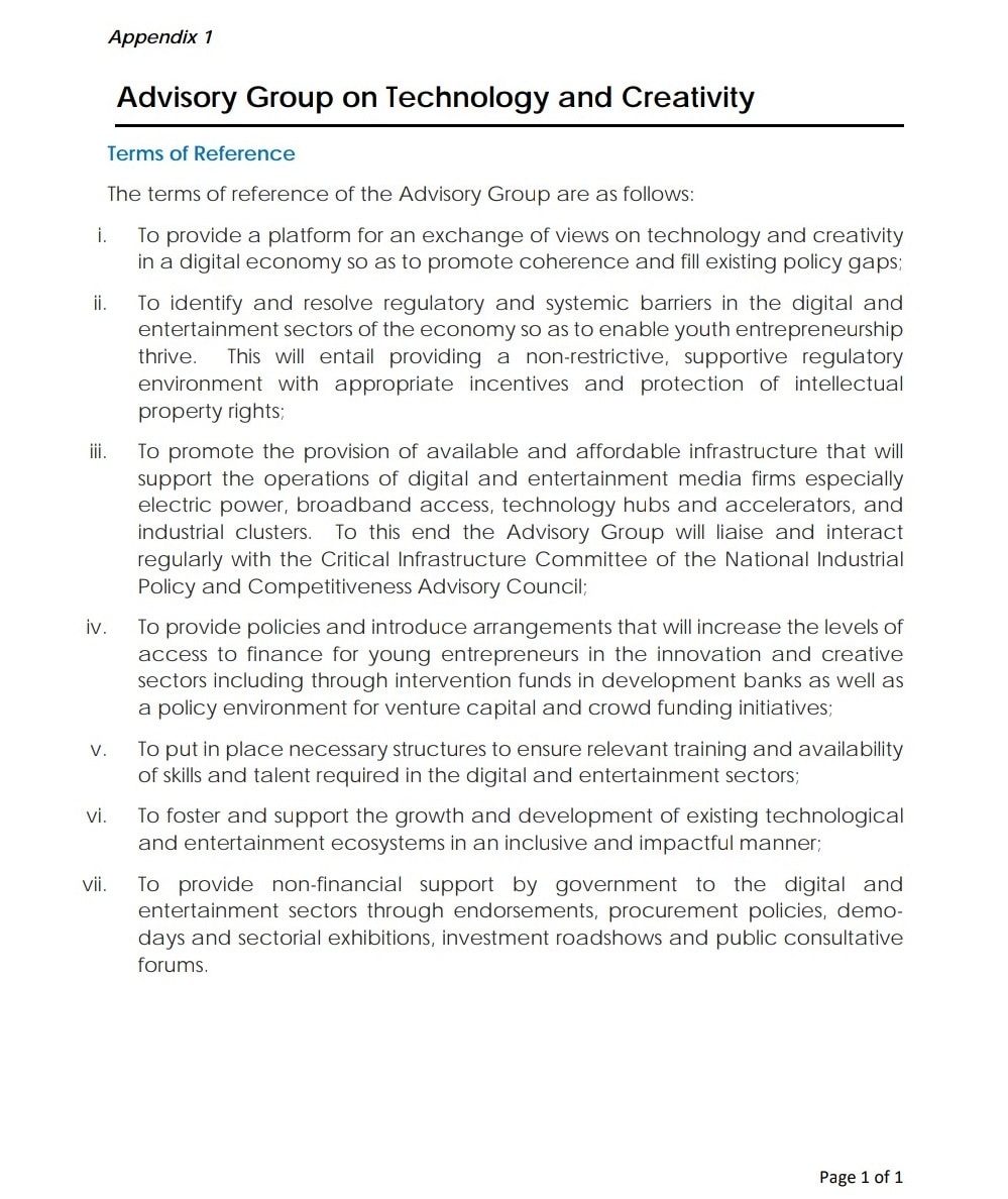 A critical look at the Presidential Advisory Group on Tech and Creativity 1 Terms of reference for presidential advisory group on technology and creativity