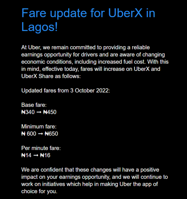 Uber fares in Lagos are about to increase by 18% 1 Uber has increased its fare for riders in Lagos