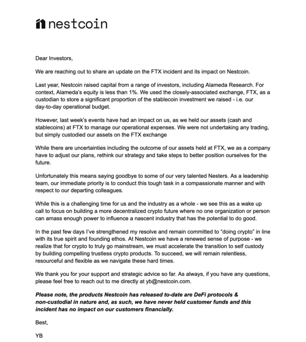 African Web3 startup, Nestcoin, to commence layoffs with investments caught up in FTX crash 1 Nestcoin's statement to investors