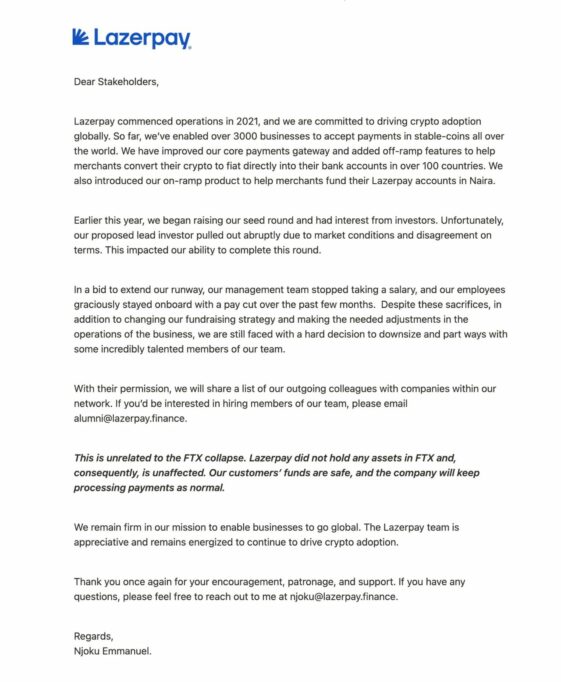 Nestcoin-funded startup, Lazerpay, commences layoffs as lead investor pulls out 1 Lazerpay layoff