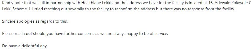Healthlane raised $2.4m, then went from a great workplace to owed salaries, layoffs, and fund diversions. Now it’s reportedly raising a Series A 6 A screenshot of Techpoint Africa's HMO's response stating that they can't confirm Healthlane's address in Nigeria