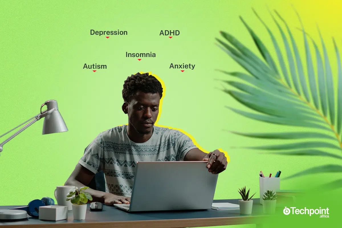 A professional sitting in front of a laptop with Depression, Anxiety, ADHD, Autism, Insomnia hovering over his head