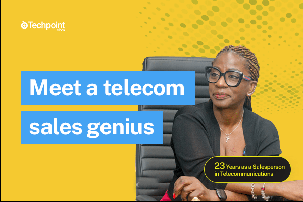 A design of Nikki Popoola, WIOCC Sales Director, West Africa, on a yellow background with text that reads, "Meet a televom sales genius"
