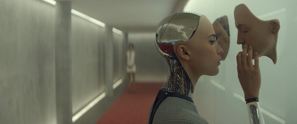 Journalist vs GPT-4: AI is getting scary good 2 A cyborg with a human face touching the mouth of a human face hanging from a glass wall.