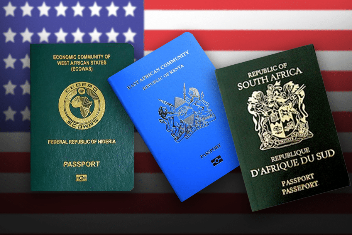 An image of Nigerian, Kenyan, and South African international passports superimposed on a US flag