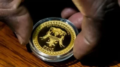 A hand trying to pick up a gold coin