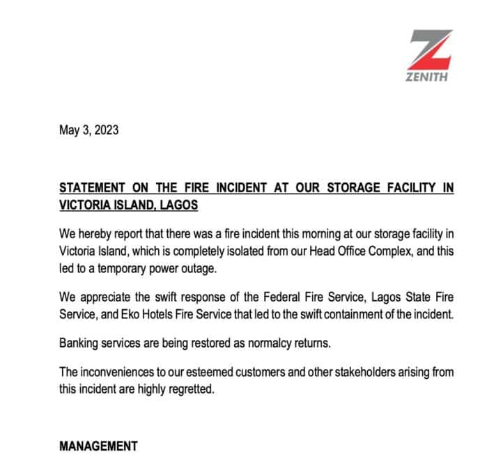A reported fire at Zenith Bank could be hurting your transactions 1 Zenith Bank statement