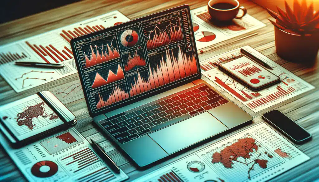 A landscape-oriented image of an open laptop on a desk surrounded by charts. The laptop screen displays a financial analysis with a series of charts and graphs that suggest losses