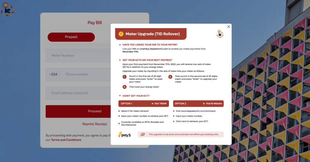 3 ways to get KCTs on your mobile phone without going to Ikeja Electric office 2 A screenshot of Ikeja Electric payment page showing options to receive KCTs