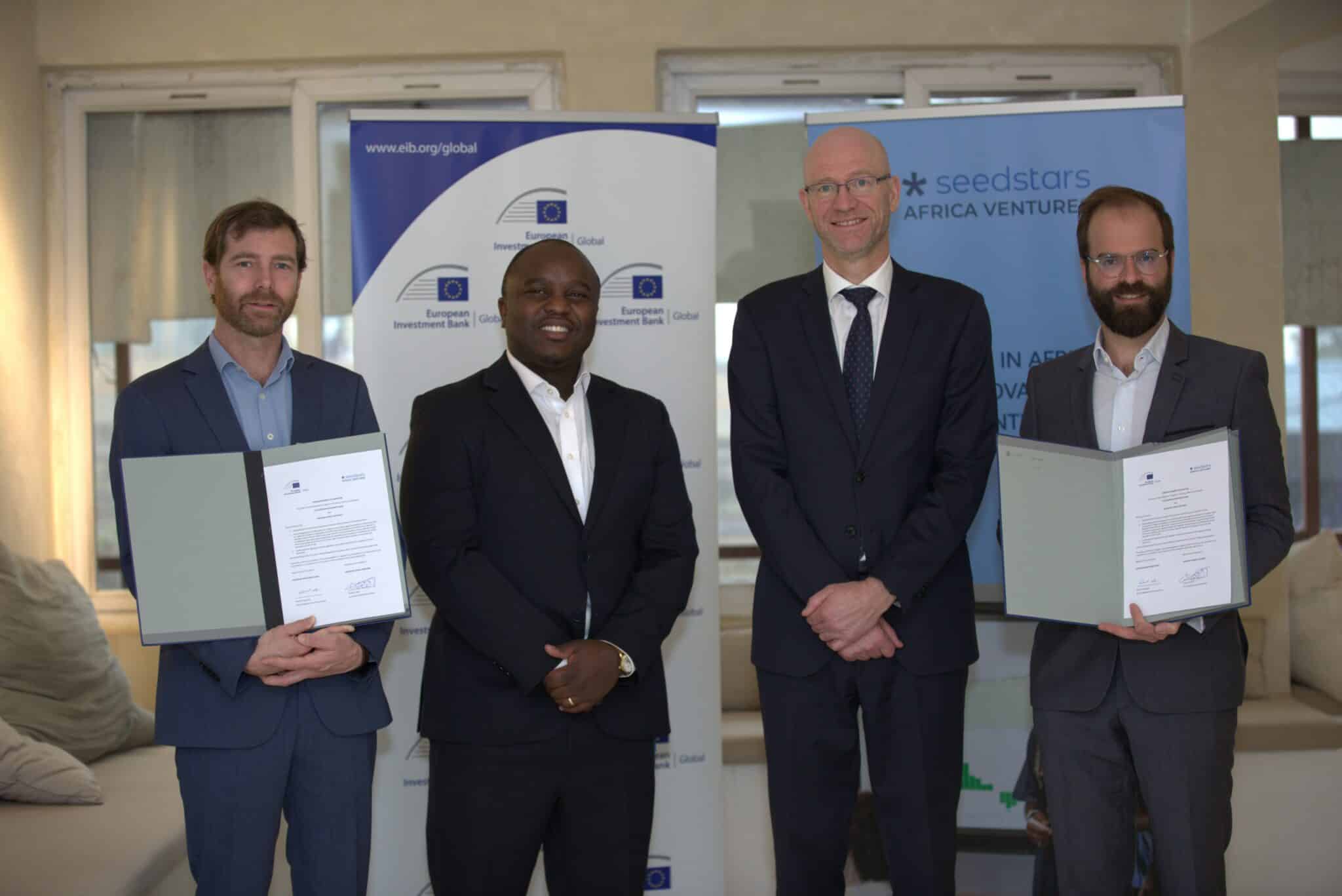 Seedstars Africa Ventures (SAV) and EIB Global; Left to right: Maxime Bouan (Partner at SAV), Bruce Nsereko Lule (Partner at SAV), Edward Claessen (Head of EIB Global's Regional Representation East Africa), Tamim El