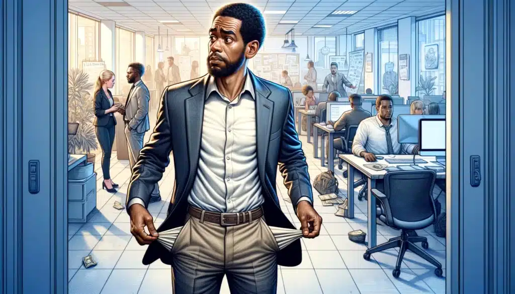 An illustration of a man in an office space with his pockets turned inside out, and a bewildered look on his face. Image generated with DALLE-2
