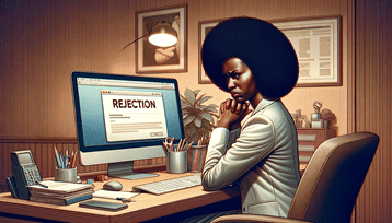 Image of a black woman sitting at a desk looking frustrated, with a computer screen in the background displaying a rejection email