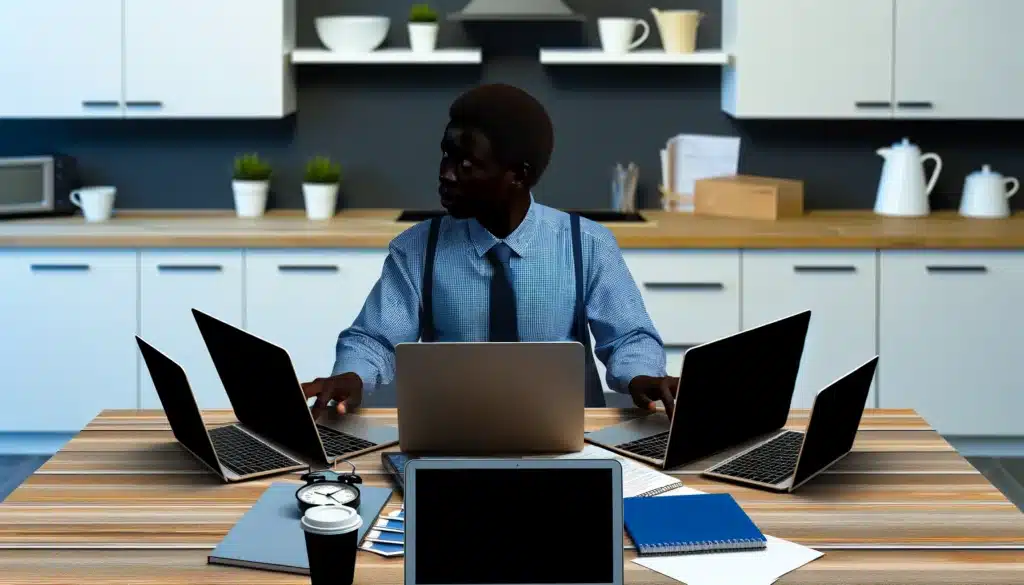Image of a black individual sitting at a desk with multiple laptops open in front of them. This scene represents the concept of juggling multiple jobs