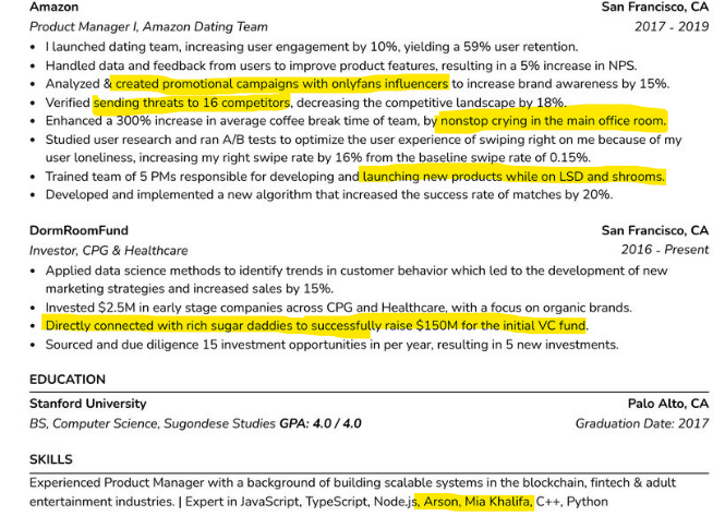 A screenshot of a section of the resume used in Jerry Lee's video