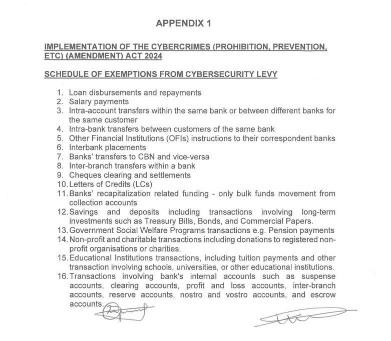 Telcos, financial institutions in Nigeria to pay 0.5% cybersecurity levy on all electronic transactions 1 These transactions are exempt from the cybersecurity levy