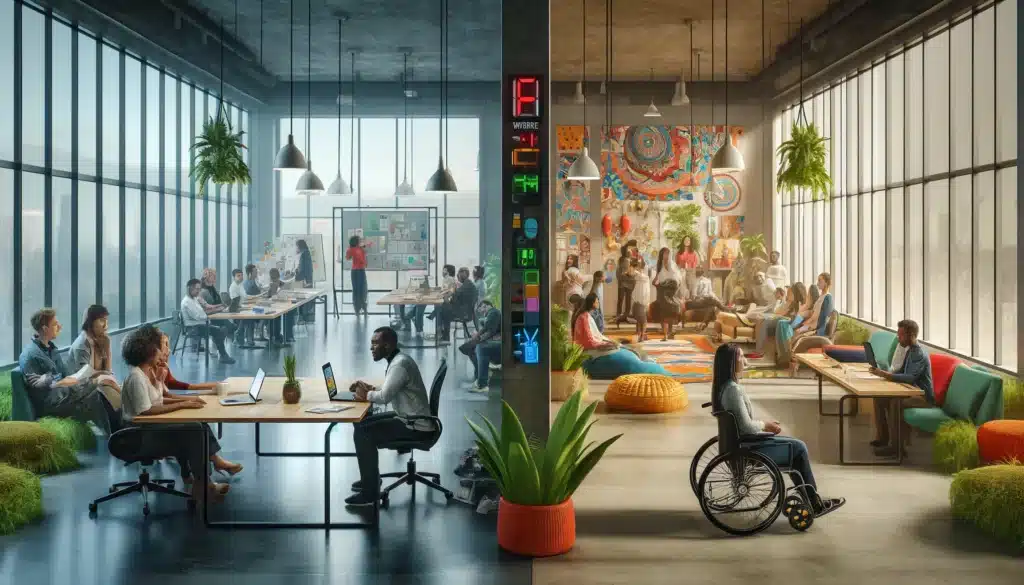 Realistic image of a modern office environment showcasing diversity, equity, and inclusion with a diverse group of professionals collaborating in various activities, including a person in a wheelchair.