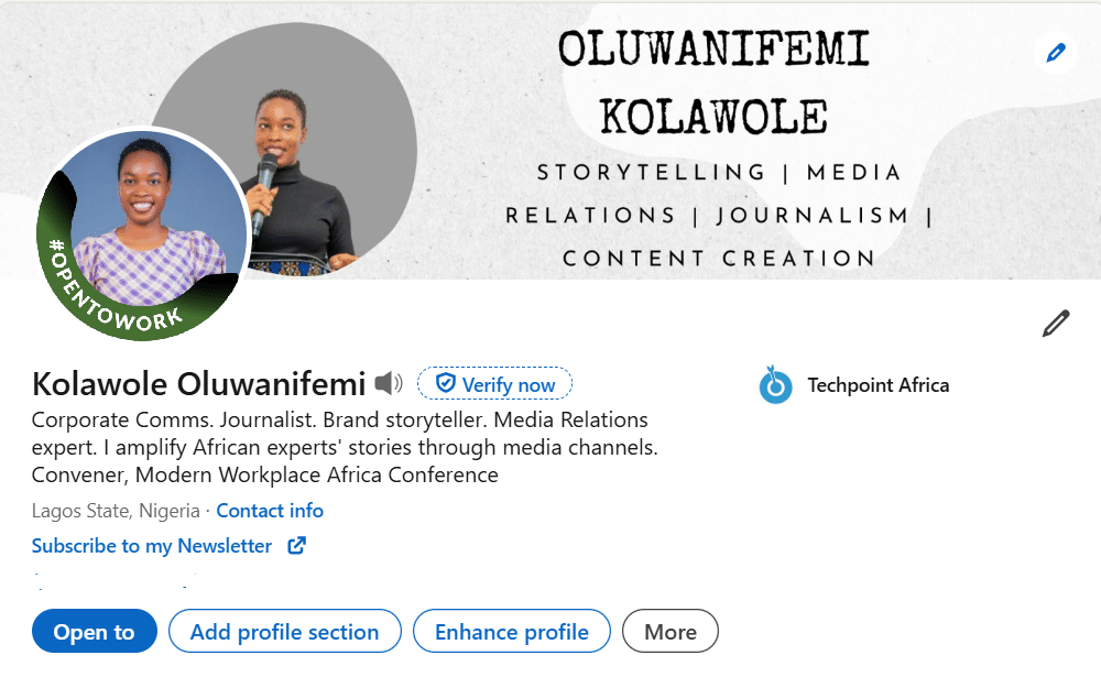 I used LinkedIn "Open to Work" tag for 14 days; here's what I found out 1 A screenshot of Oluwanifemi Kolawole's linkedIn profile summary