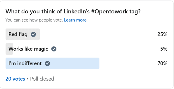 I used LinkedIn "Open to Work" tag for 14 days; here's what I found out 2 A screenshot of the LinkedIn poll asking this question: "What do you think of LinkedIn's #Opentowork tag?