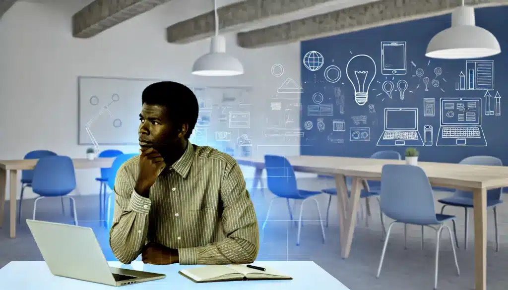 Image of a person sitting at a desk with a contemplative look. The background depicts a startup setting