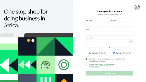 Itana sign up page