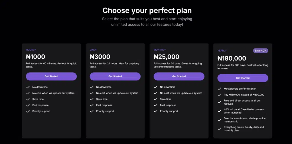 Screenshot of Case Radar pricing
